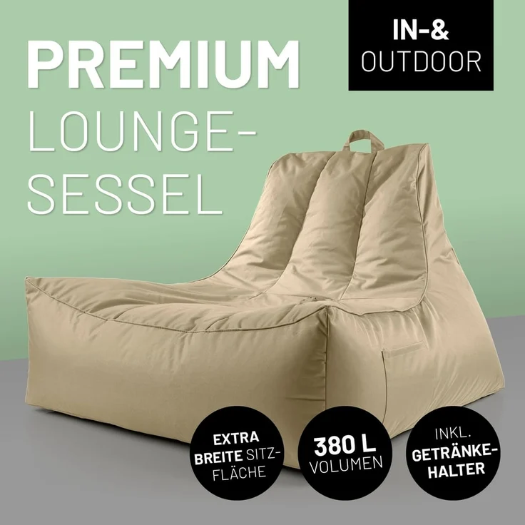 Lumaland Sitzsack Sitzsack-Lounge In-& Outdoor 380l beige, mit Flaschenhalter – Bild 2