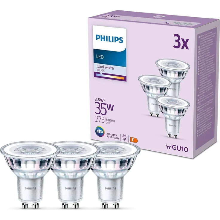 Philips Classic LED GU10 Lampe, 35W, klar, neutralweiß, nicht dimmbar, 3er Pack, Kaltweiß