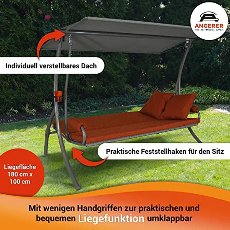 Angerer Freizeitmöbel Hollywoodschaukel 'Elegance Joy', 3-Sitzer mit Bettfunktion, taupe, 210 x 145 x 160 cm, wetterfestes Sonnendach, abziehbare und waschbare Bezüge, Made in Germany – Bild 3