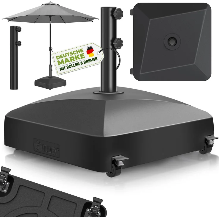 tillvex® Sonnenschirmständer GRAVIA mit Rollen & Bremsen Schwarz | Schirmständer befüllbar 37 Liter / 56 kg | Schirmgewicht Sonnenschirm & Marktschirm Ø 1,8-3,7m | Ampelschirmständer wetterfest – Bild 2
