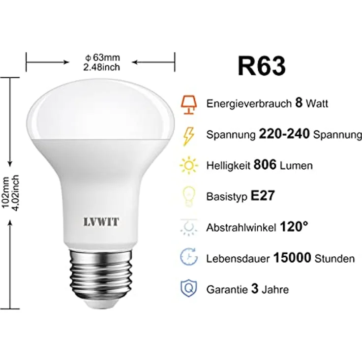 LVWIT LED Reflektor E27 R63, 806 lm, Kaltweiß 6500K, 8.5W ersetzt 60W Glühbirne, matt (6er Pack) – Bild 4