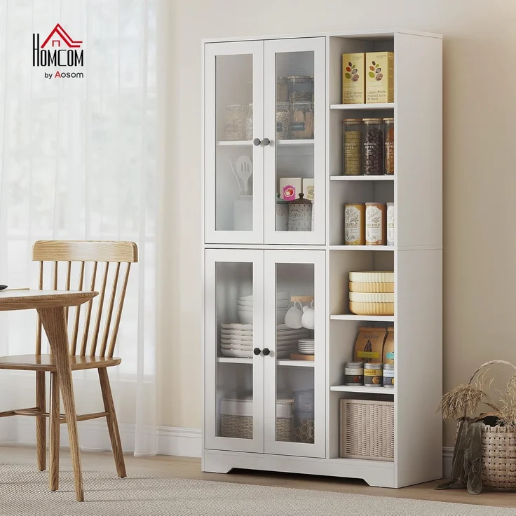 HOMCOM Küchenbuffet 172 cm groß (Schrank mit Glastüren, 1-St, Hochschrank) Großer Stauraum, Weiß – Bild 2
