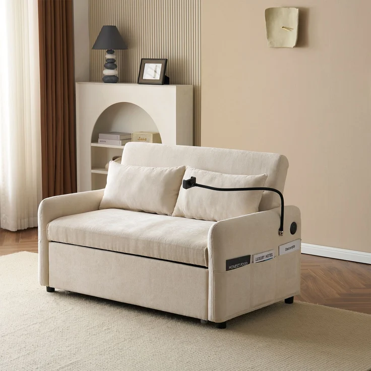 Ausziehbares Schlafsofa 2-Sitzer mit USB-Anschluss & verstellbarer Rückenlehne mit Kissen und Stauraumtaschen,multifunktionales,Beige – Bild 6