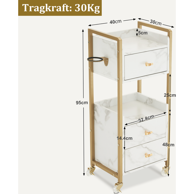 M MCombo Servierwagen mit Rollen & 3 Schubladen, Friseurwagen Rollwagen, Salon Trolley mit 2 Ablagen & Föhnhalter, Moderner Arbeitswagen für Bad Wohnzimmer, 30x40x95cm, 0022 (Weiß-Gold) – Bild 3