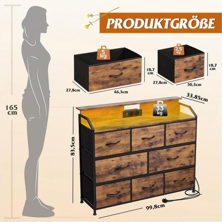 WLIVE Kommode mit 8 Stoffschubladen, LED-Beleuchtung und Ladestation (Aufbewahrungsschrank mit Holzplatte und Metallgestell, Aufbewahrungsschrank mit Holzplatte und Metallgestell), Schlafzimmerkommode für Wohnzimmer, Flur und Schlafzimmer – Bild 3