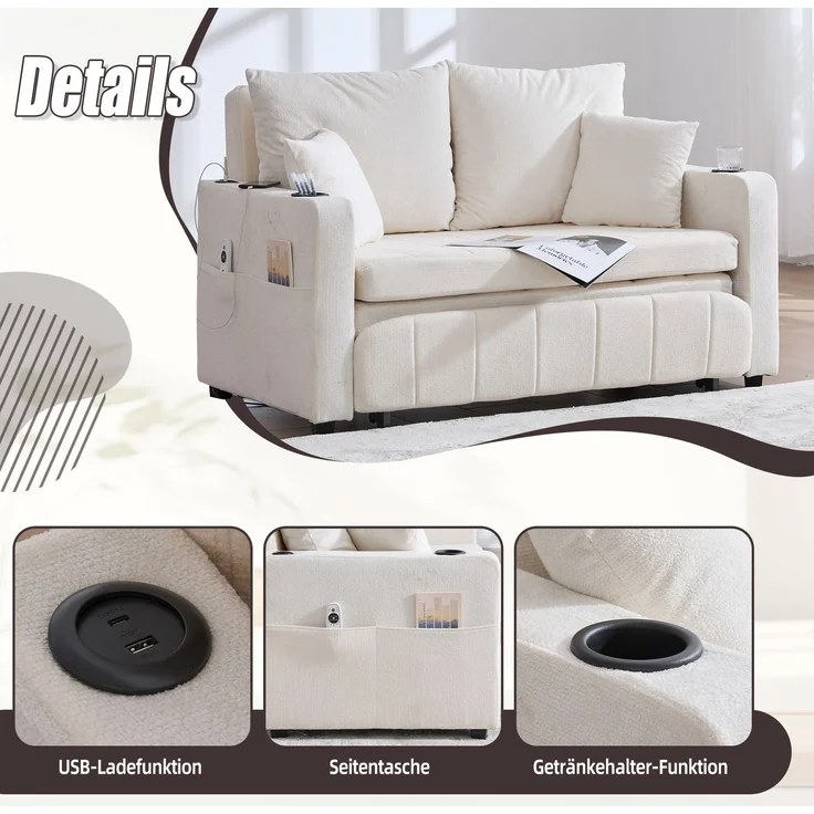 Wohnora-Multifunktionales Stoffsofa, ausziehbares Klappsofa, als Sofa oder Bett nutzbar, mit Aufbewahrungstaschen an den Armlehnen, mit USB-Ladefunktion und Getränkehaltern (beige Chenille),H 83cm x T 139cm x B 73cm – Bild 2