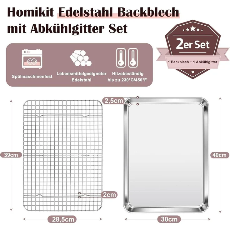 Homikit Backblech mit Abkühlgitter Edelstahl 40x30x2,5cm - Spülmaschinenfest – Bild 2