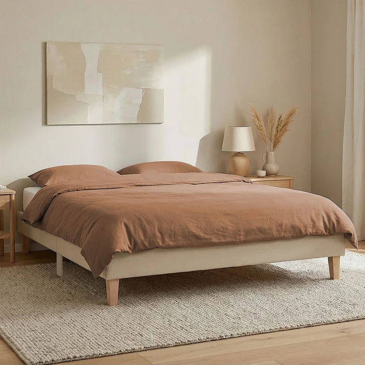 Polsterbett 140x200 cm Beige Doppelbett mit Lattenrost Futonbett Stoffbett Bett Bettgestell – Bild 2