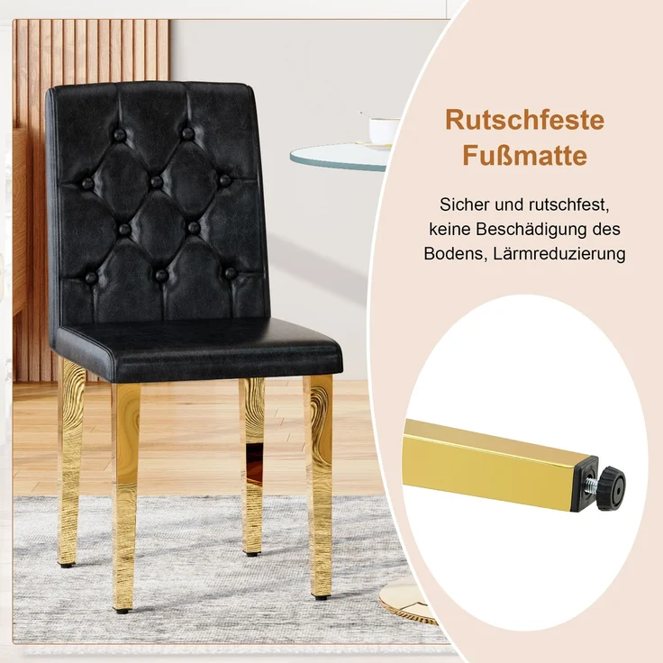 Esstischgruppe H 76 x T 85 x B 85 cm aus gehärtetem Glas und Metall in Schwarz-Gold mit 4 Stühlen – Bild 9