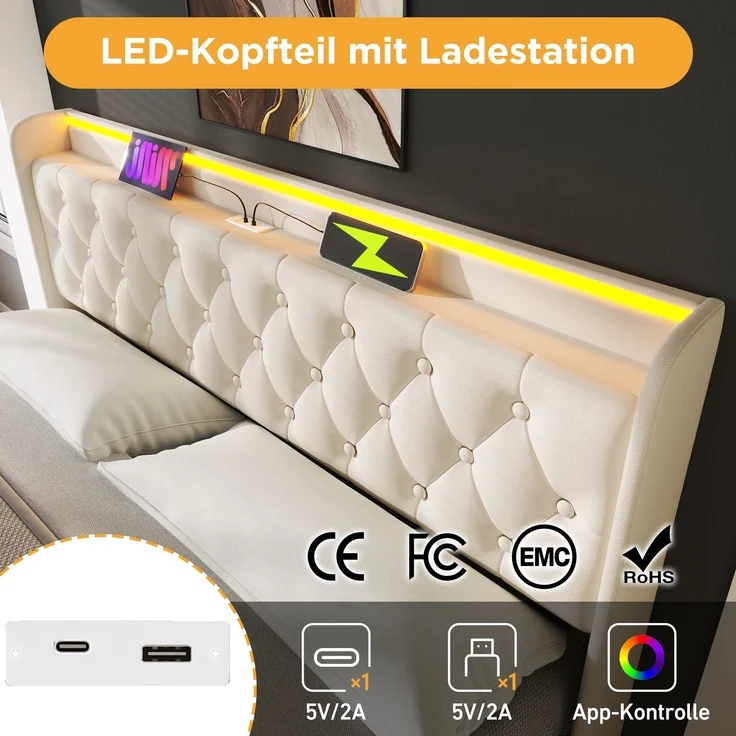 EINHOM Polsterbett Einzelbett, 360-Surround-LED-Funktion, 140 x 200 cm, Weiß PU-Material Hydraulisches Lagerbett, Gepolstertes Kopfteil mit USB Typ-C Ladefunktion, (Mit Matratze) – Bild 6