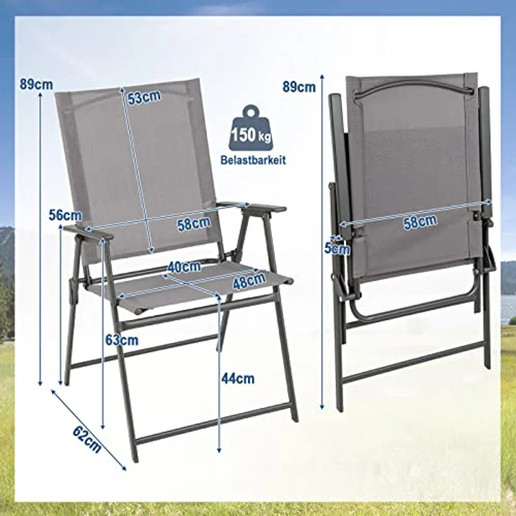 COSTWAY 2er Set Gartenstühle, Hochlehner Klappstühle mit wetterfestem Stoff, Balkonstühle mit Armlehnen, Terrassenstühle bis 150 kg belastbar, für Garten, Terrasse, Balkon, Grau – Bild 3