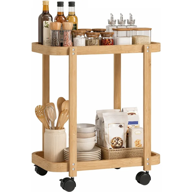 MELAYR, 2-stufiger Küchenwagen aus Bambus, zusätzlicher Küchenwagen mit Rollen, 2 Ablagen, 54 x 36,5 x 60 cm, Naturholz