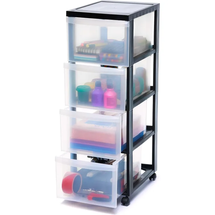Iris Ohyama, Schubladenschrank auf Rollen, 4 Schubladen mit 15 L, mit Rollen, ergonomische Griffe, Büro, Bad, Wohnzimmer - Design Chest DC-304 - Schwarz