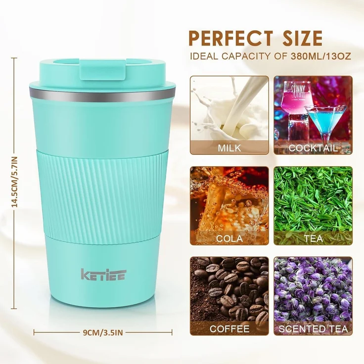 KETIEE Thermobecher to go 380ml - Türkis - Isolierbecher mit auslaufsicherem – Bild 6