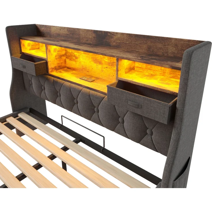 Polsterbett 90x200 cm Schwebebett mit LED-Beleuchtung, Kopfteil und Ladestation(1 Type-C, 3 USB-Anschlüsse), Modern Einzelbett mit Stauraum-Kopfteil und lattenrost, Leinen, Grau(Ohne Matratze) – Bild 10