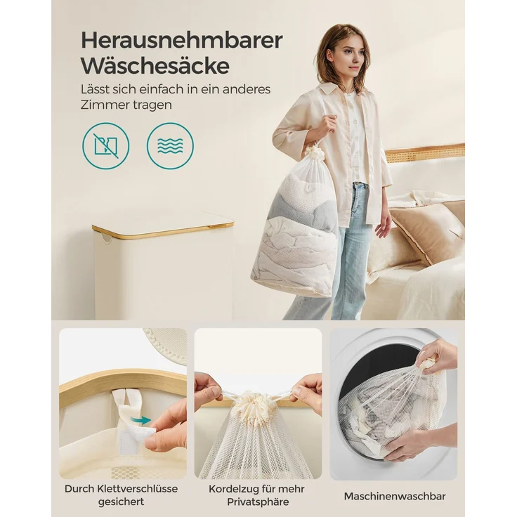 SONGMICS Wäschekorb mit Deckel und herausnehmbarem Wäschesack, zusammenklappbar, Bambus / Oxford-Gewebe cremeweiß, 130 l – Bild 2