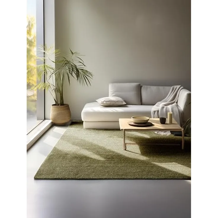 XXXL Flachwebeteppich Bouclé, Olivgrün, rechteckig, 60x90 cm, Oeko-Tex® Standard 100, pflegeleicht, beidseitig verwendbar, für Fußbodenheizung geeignet