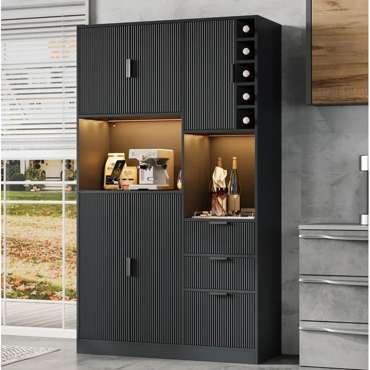 Küchenbuffetschrank 105x40x180 cm mit Weinregal, Schubladen und LED-Beleuchtung – Schwarz – Bild 2