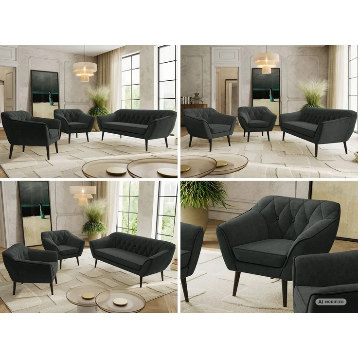 Wohnzimmerset PIRS 1-1-3, Skandinavisches 3-Sitzer Sofa mit Sesseln, Sofa mit Wellenfederung, schwarze Füße, Skandinavisches Möbelset - Dunkelgrau Stukture – Bild 2