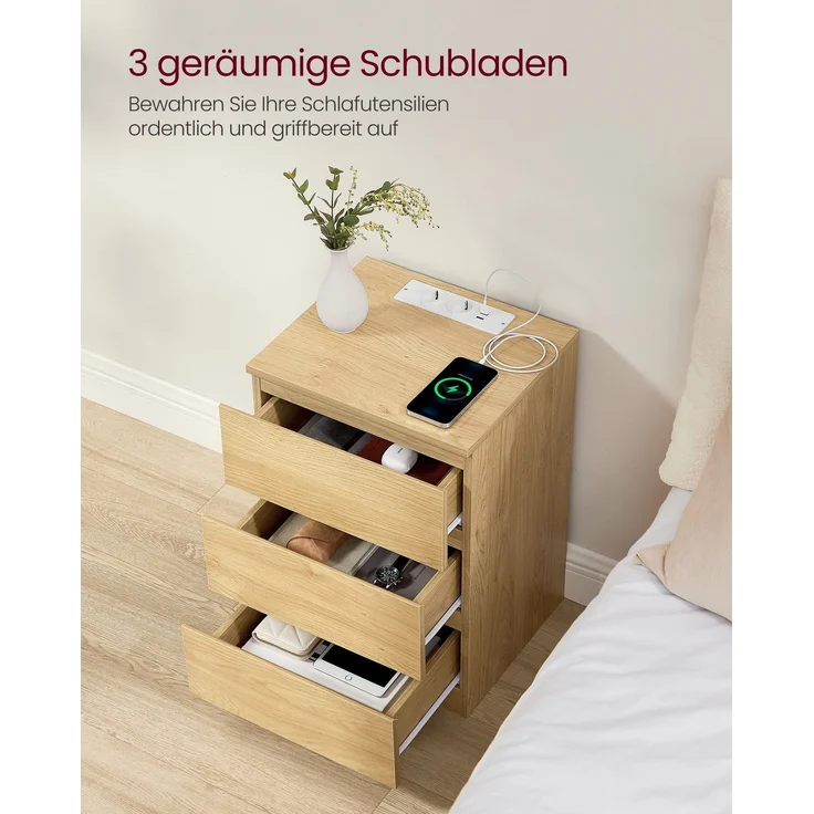 VASAGLE Nachttisch mit Steckdosenleiste, 2er Set, Beistelltisch, 3 Schubladen, 2 AC-Steckdosen, 2 USB-A-Anschlüsse, Wohnzimmer, Schlafzimmer, Arbeitszimmer, modern, strohgelb LETDE831Y70 – Bild 4