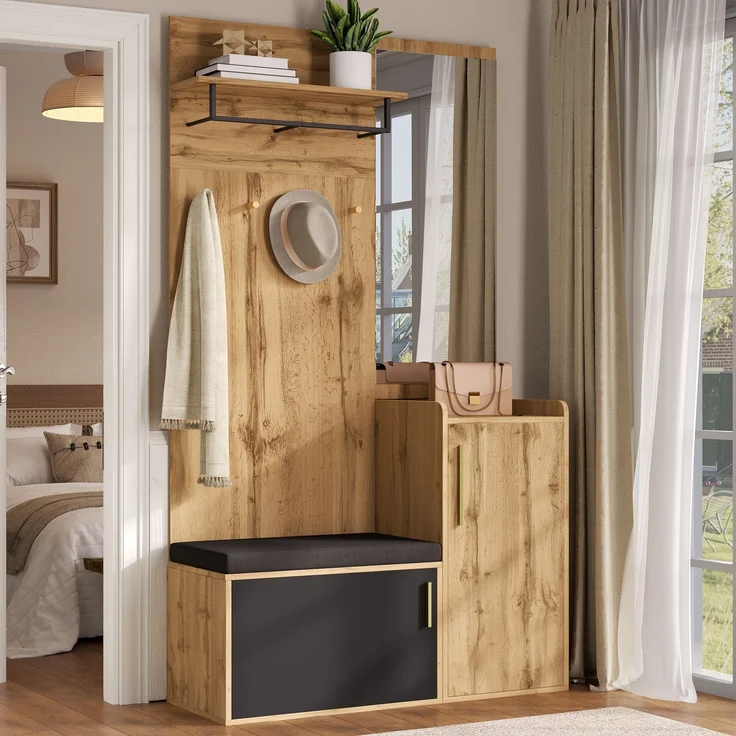 Kompakter Kleiderschrank mit Spiegel und Sitzbank, Flurschrank mit Schuhregal und Haken, kompakter Kleiderschrank, Flurmöbelset(Not a one-piece product, holes need to be drilled in the wall.) – Bild 5