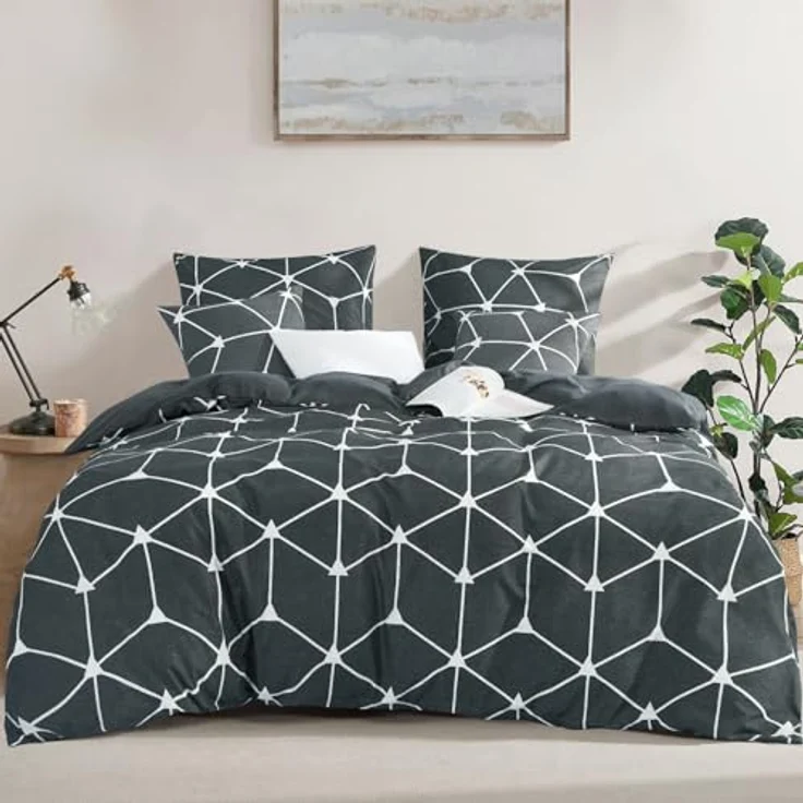 RUIKASI Bettwäsche 200x220 3 teilig Anthrazit - Bettbezug 200x220 Set mit Geometrie Muster, Bettwäsche-Set 220x200 aus Mikrofaser mit Reißverschluss Weich und Bügelfrei – Bild 2