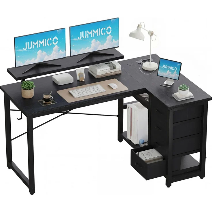 JUMMICO Schreibtisch L Form mit 4 Stoff Schubladen, Umkehrbarer Eckschreibtisch mit 2 Steckdosen& 2 USB-Anschlüssen, Computertisch L Form für Homeoffice Gaming, Schwarz, 140X80cm