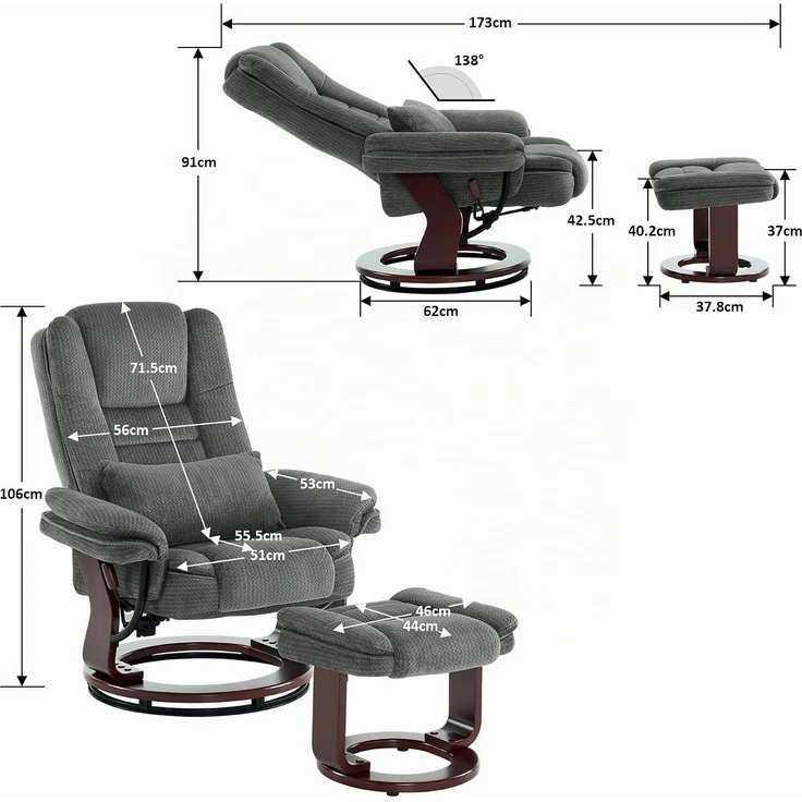 Relaxsessel mit Liegefunktion, 360°Drehbarer Fernsehsessel mit Hocker, bis 120 Kg Belastbarer TV-Sessel für Wohnzimmer, mit Kissen & Seitentasche, Lesesessel Bequem, 9099 (Grau-Stoff) – Bild 3