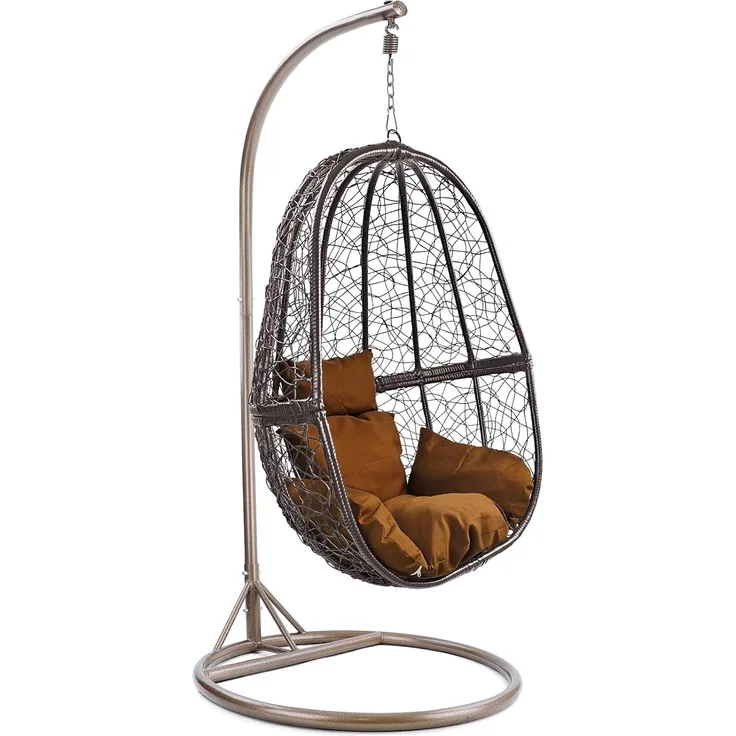 Luxus Hängesessel Fun XL Polyrattan Korb Braun Gestell Braun Kissen Braun