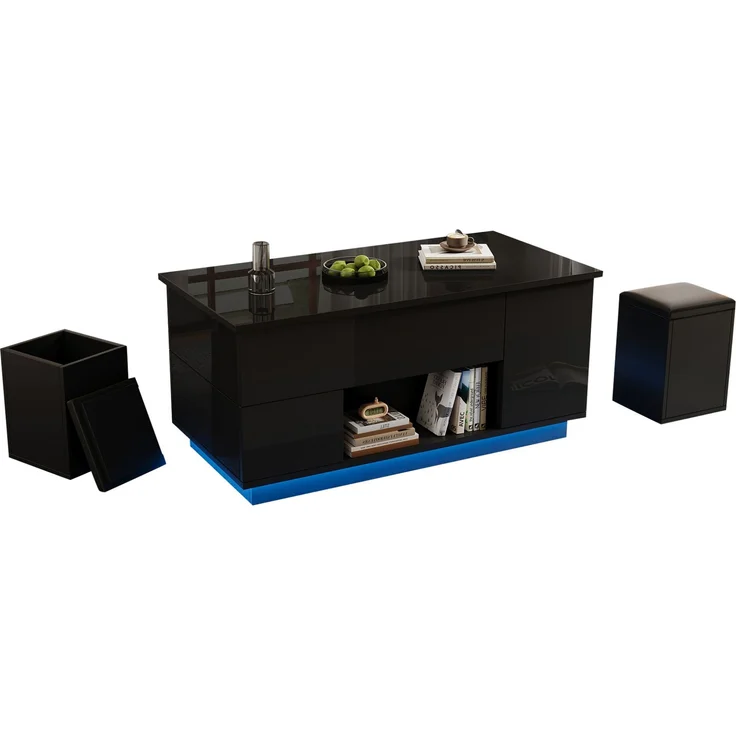 Couchtisch aus Spanplatte mit Hubfunktion, LED, Stauraum & 2 Hockern, 100x50x45 cm, Schwarz – Bild 6