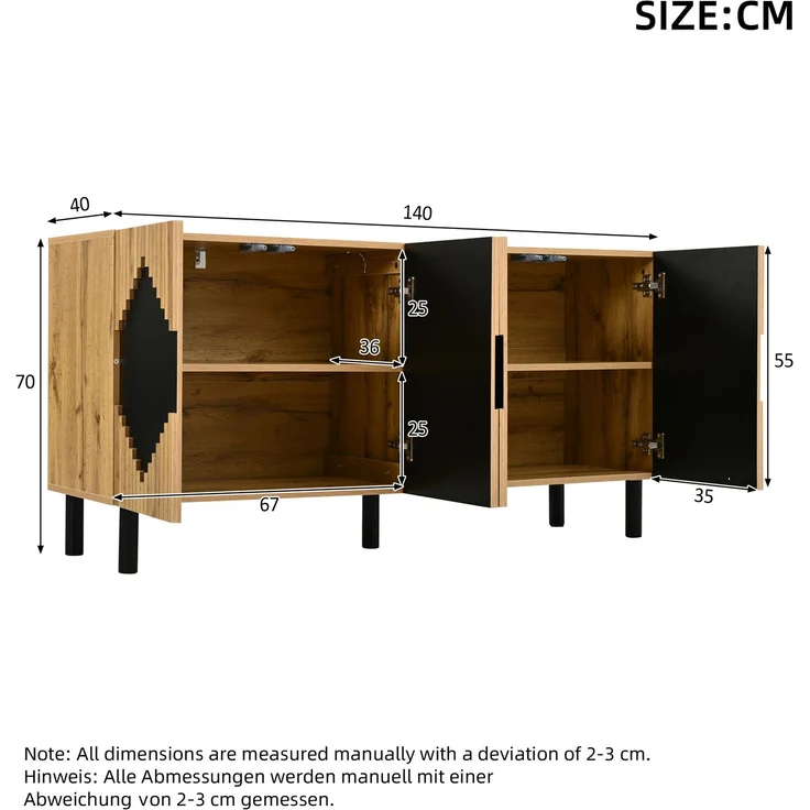 Merax 140cm Sideboard, Schrank mit 2 Türen, Schließfächer, Rautenmuster, aus robustem Spanplatte mit MDF, bis 50 kg belastbar, Holzfarbe+Schwarz – Bild 4