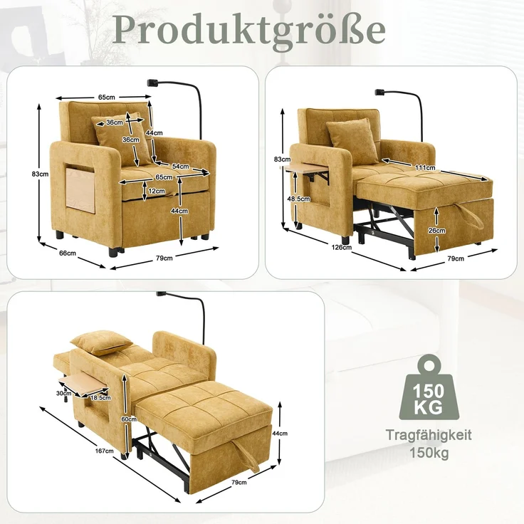 LVHOM Multifunktionaler Schlafsessel mit klappbarer Ablage, Ausziehbares 1-Sitzer Schlafsofa mit Handyhalter und Seitentaschen, Loungesessel, Gelb – Bild 6