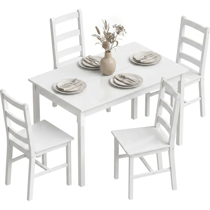 Rayofly-5-teiliges Esszimmer-Set, Esstisch + Stühle, Massivholz, für 4 Personen, kleine Räume, Weiß, H 750cm x T 1180cm x B 730cm