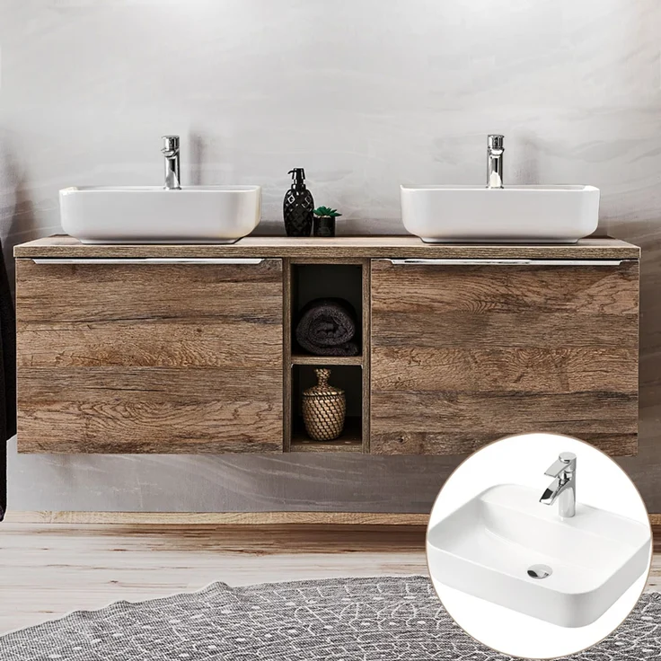 Doppelwaschtisch-Unterschrank 140cm mit 2 Keramikbecken PUEBLA-56 in Vintage Oak, B/H/T ca.: 140,4/62,5/46 cm – Bild 1