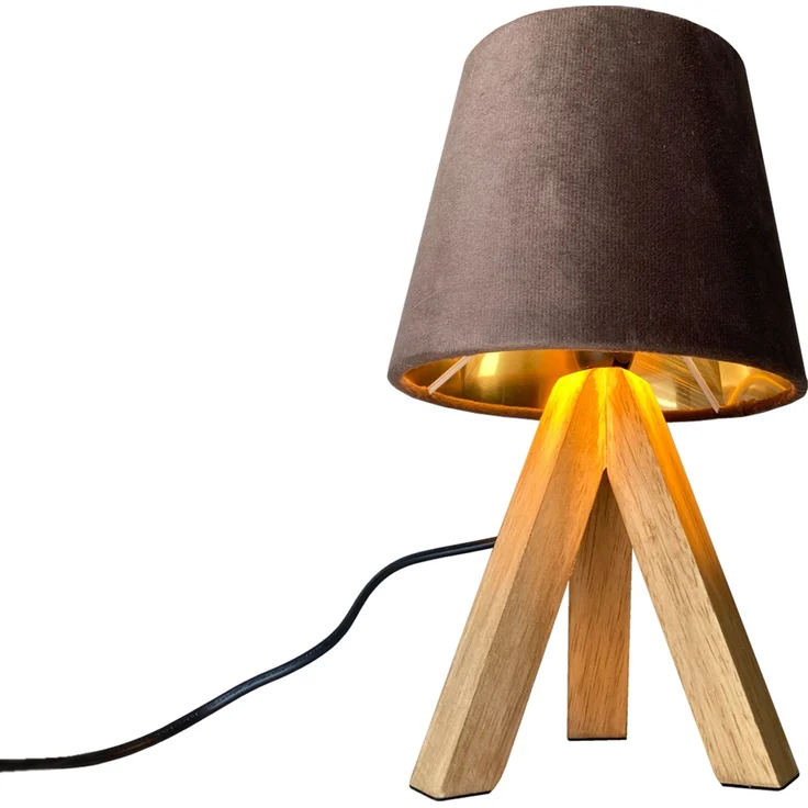 Tischlampe mit Dreibein aus Holz, Samtschirm Braun Gold, Höhe 27cm – Bild 2