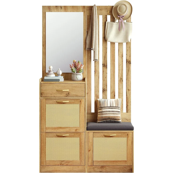 Faumrta Kompaktgarderobe mit Spiegel und Sitzbank,Flurgarderobe mit Schuhschrank und Haken, Kleiderhaken,Flurmöbel Set,Flurgarderobe. 99.5CM*26CM*180CMNaturalMDF (Medium-Density-Faserplatte) – Bild 1