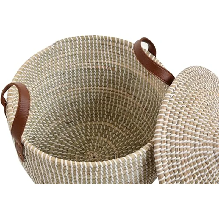 Krines Home Aufbewahrungskorb Set/2 Handgearbeiteter Seegras Dekokorb mit Deckel zur Aufbewahrung (2 St, 2er-Set), Flechtkorb Korb Natur mit weißen Wicklungen Rund Hell Natur – Bild 5