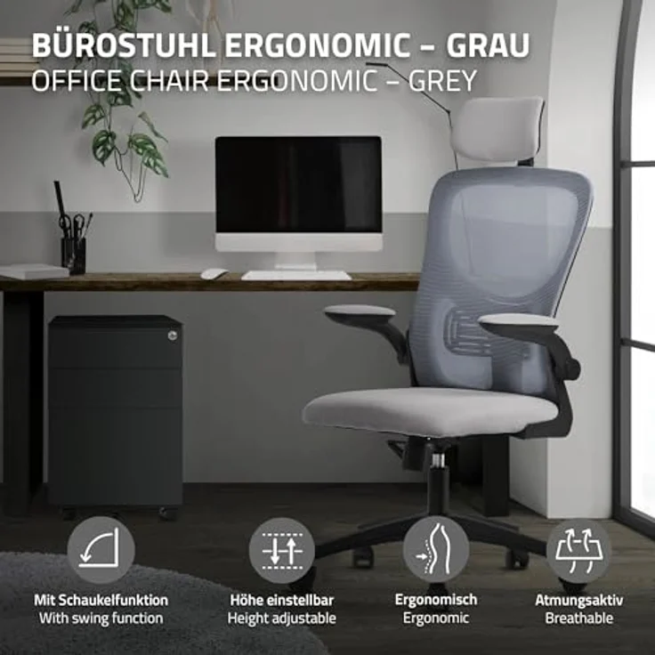 ML-DESIGN Ergonomischer Schreibtischstuhl, Grau, 1-Sitzer mit Netzrücken, 60.5x121x60 cm, ideal für Arbeitszimmer und Büros – Bild 3