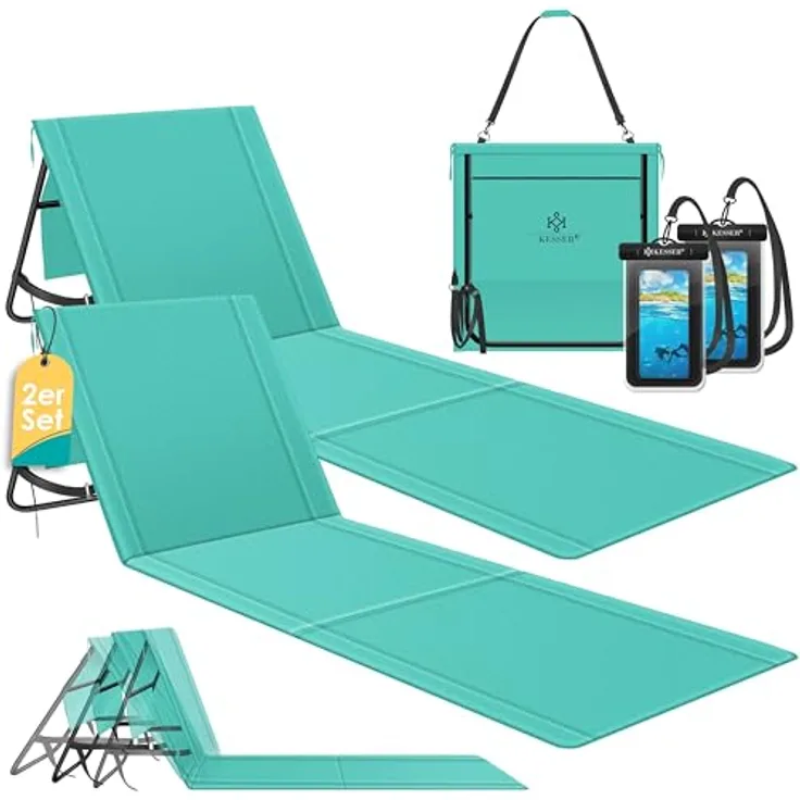 KESSER® Strandmatte klappbar mit verstellbarer Rückenlehne, Strandliege faltbar mit Tragegurt, wasserdichter Handyhülle & Aufbewahrungstasche, Sonnenliege für Strand Garten Terrasse, Liegematte 130Kg Blau, 2er Set