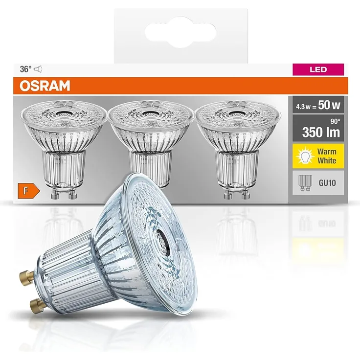 Osram LED Base PAR16 Reflektorlampe, mit GU10-Sockel, nicht dimmbar, Ersetzt 4,3 Watt, 36° Ausstrahlungswinkel, Warmweiß - 2700 Kelvin, 3er-Pack