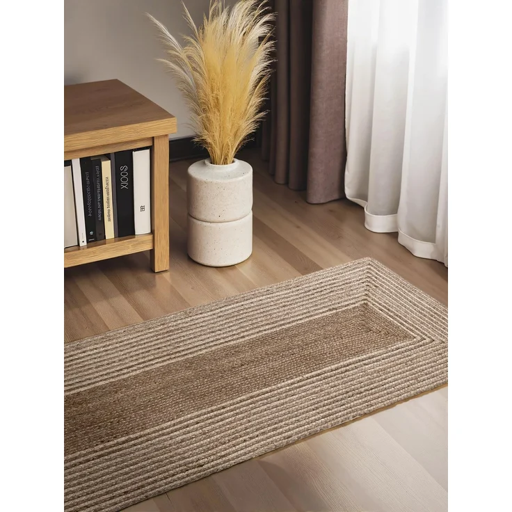 Hanse Home Juno Line Juteteppich - Natur Wohnzimmerteppich, 100% Jute, Handgewebt, Robust & Pflegeleicht, Modern, Boho Natürlicher Teppich für Wohnzimmer, Schlafzimmer - Natur Weiß Braun, 80x300 cm