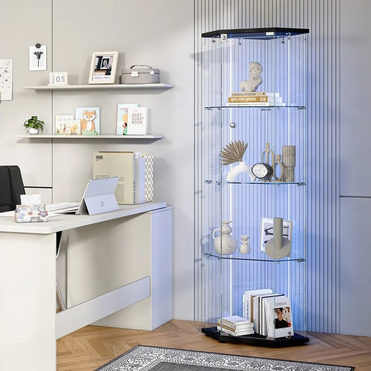FUROKOY Glasvitrine Fünfeckige Standvitrinen (Schwarz 5 Lagen Sammlervitrine) Vitrinenschrank mit 1 Glastür für Sammler, Bücher, 162x60x42.5cm – Bild 1