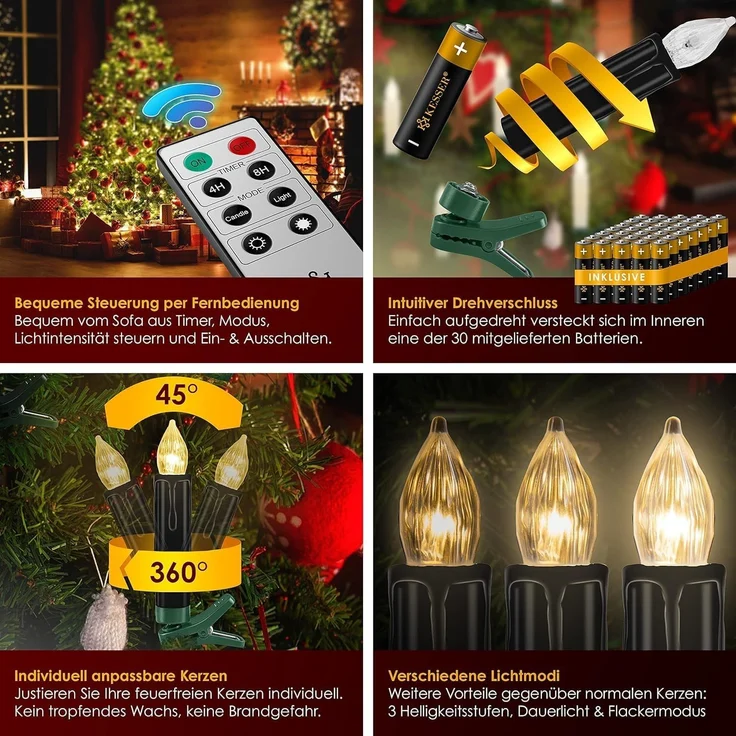KESSER® Weihnachtsbaumkerzen 20 LED Inkl. Batterien Kabellos - Warmweiß - mit Fernbedienung Funk - Timerfunktion - Flackern - Dimmbar Weihnachtskerzen Christbaumkerzen Befestigungsklammern Kerzen Schwarz, 30 LED's – Bild 3
