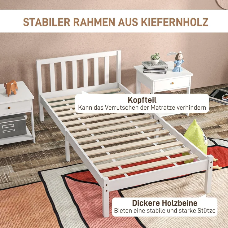 Einzelbettgestell, Kopfteil & Lattenrost, 26cm Freiraum unter Bett, Kiefernholz, 208x96x70 cm, Weiß--Weiß--208x96x70cm--YOUDENOVA – Bild 8