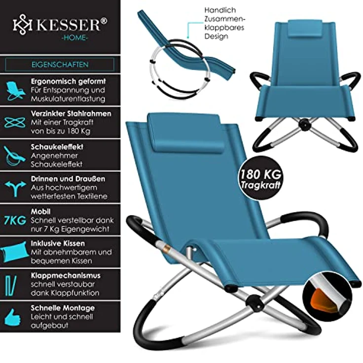 KESSER® Relaxliege Liegestuhl | Gartenliege Sonnenliege | Gartenstuhl | Klappstuhl faltbar | Schwungliege | Schaukelsessel | ergonomische Relaxsessel | wetterfest | 180 kg Belastung Petrol Blau – Bild 4
