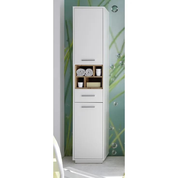 Hochschrank >Milano< in Weiß, Absetzungen: Wildeiche - 38x190x30 (BxHxT)