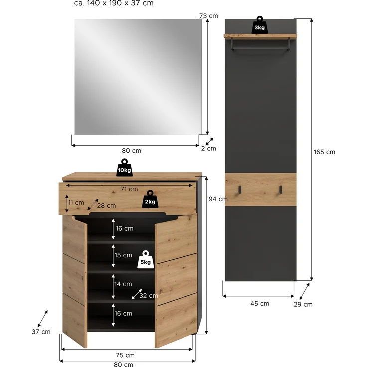 Garderobenkombination (B/H/T: 140x190x37 cm) in Artisan Nachbildung – Bild 4