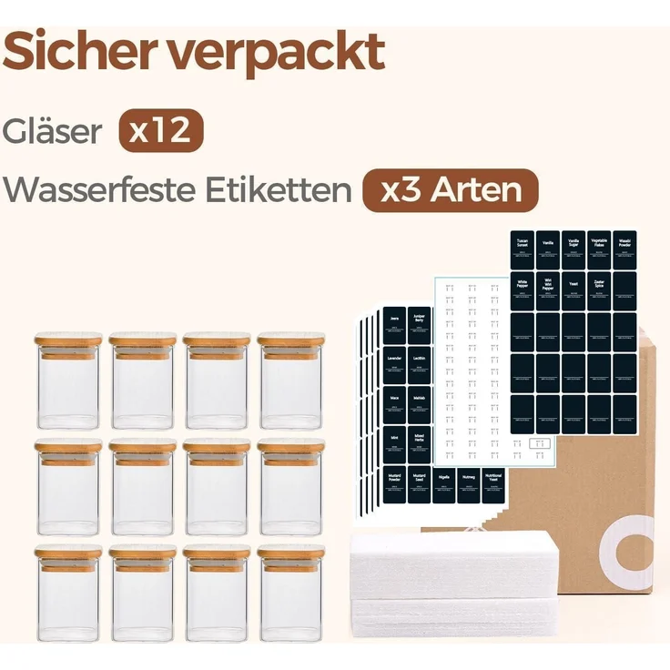 12er Set Gewürzgläser mit Bambusdeckel, 236ml, inkl. 275 Etiketten – Bild 8
