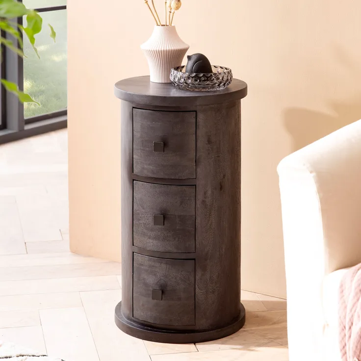 Sideboard Mango Massivholz Schwarz 34x65x34cm 3 Schubladen Beistellschrank