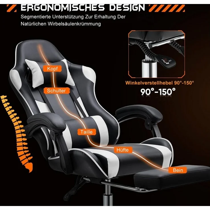 DUMOS Gaming-Stuhl Ergonomischer Bürostuhl mit Fußstütze, PU-Leder E-Sportstuhl, Gepolstert mit verstellbare Lendenkissen, Kopfkissen und Armlehnen – Bild 3